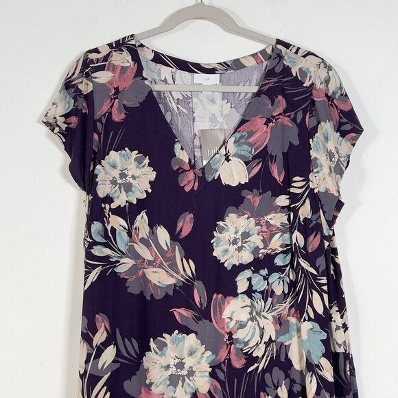 J Jill Vista Midi Dress Sz L Black Cherry Floral V-Neck Short Sleeve Pockets - Picture 2 of 10